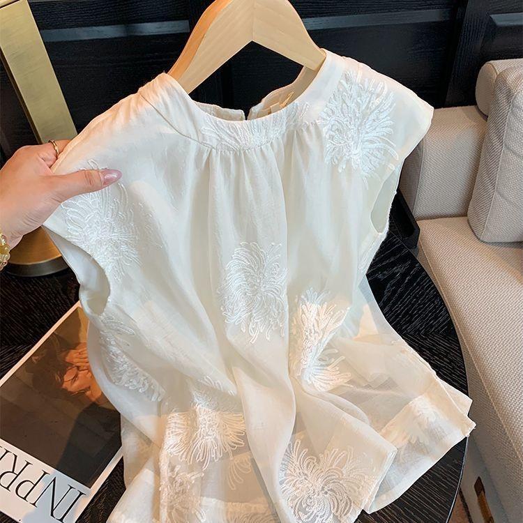 

Вышитый топ без рукавов женский летний летний темперамент элегантный большой размер тонкая рубашка жилет M [Recommended below 50kg] белый