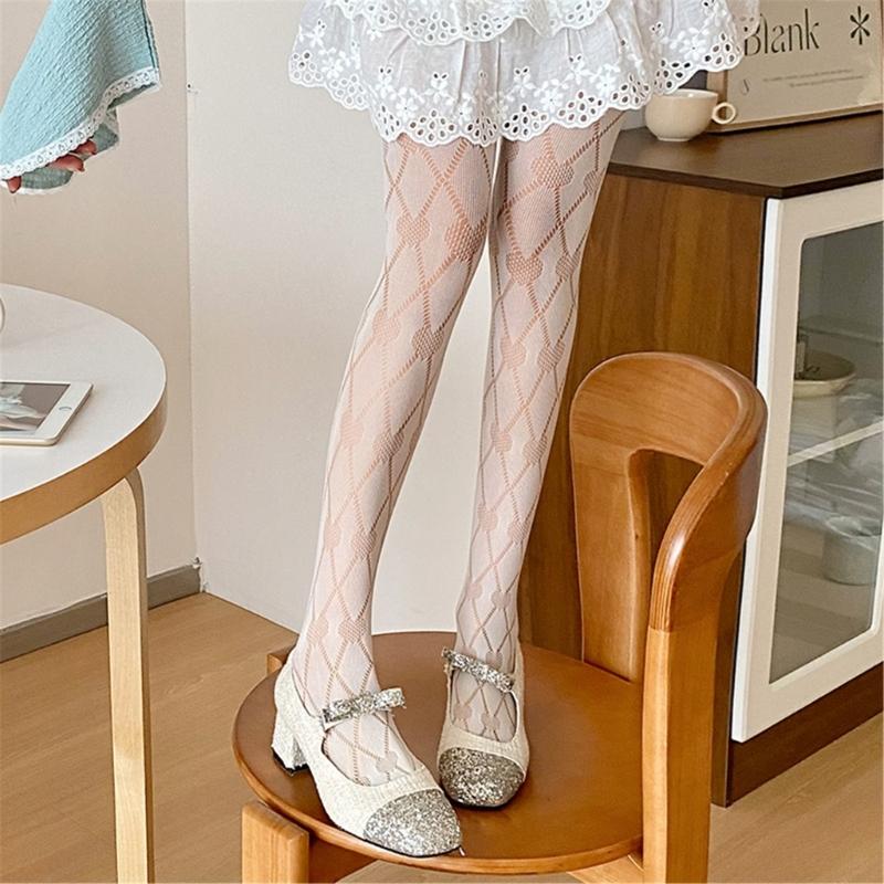 Women Sexy See Through Fishnet Pantyhose Stockings Japanese Harajuku Hollowed Heart Diamond Pattern Mesh Tights Leggings