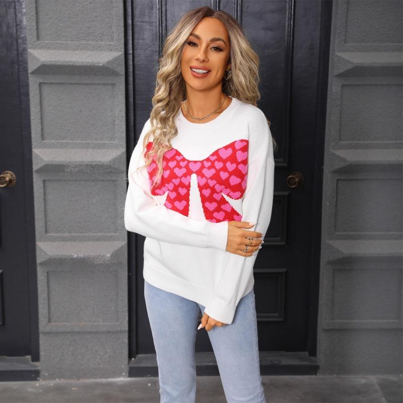 New Round Neck Long Sleeve Casual Top Bow Little Love Knitted Color Blocking Sweater