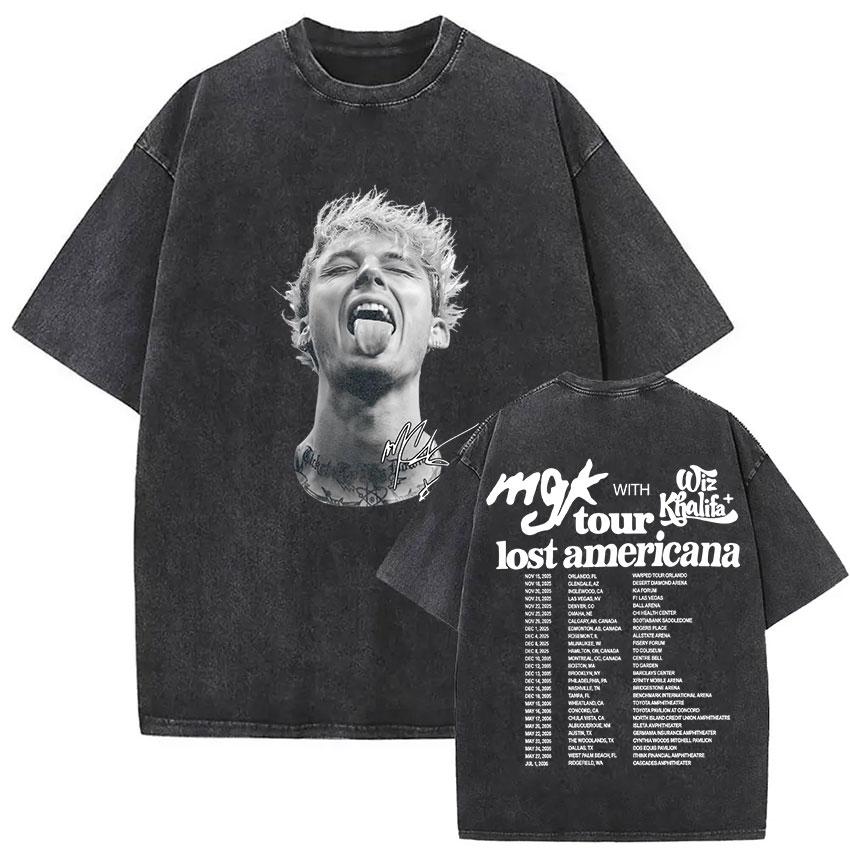 Vintage Washed MGK Lost Americana Tour  Print Tshirt Men Women Harajuku High Quality Fashion Oversized  T Shirts