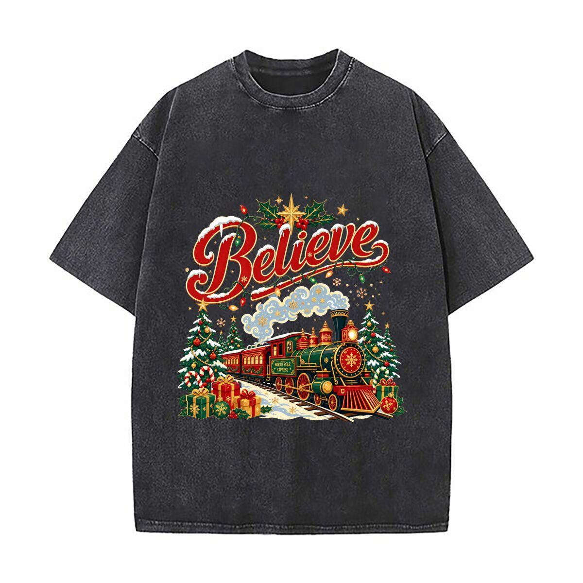 Festive Believe Holiday Express Illu Retro Washed Distressed T Shirt Men Summer Casual Short Sleeve S