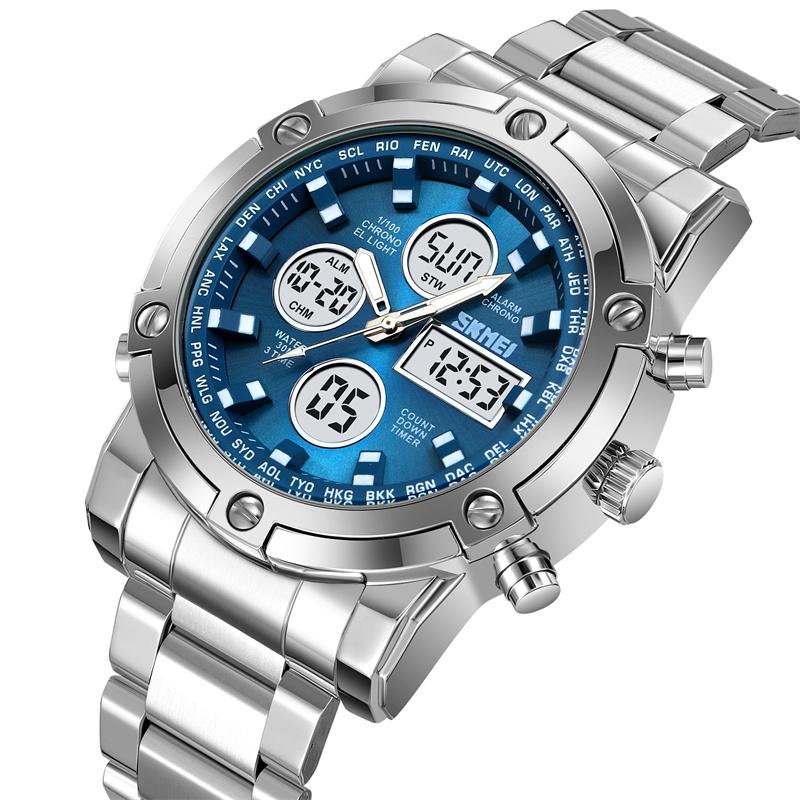 Skmei Military Sports Watches for Mens Analog Digital Display LED Waterproof Chronograph Three Time Zones Quartz Calendar Watch