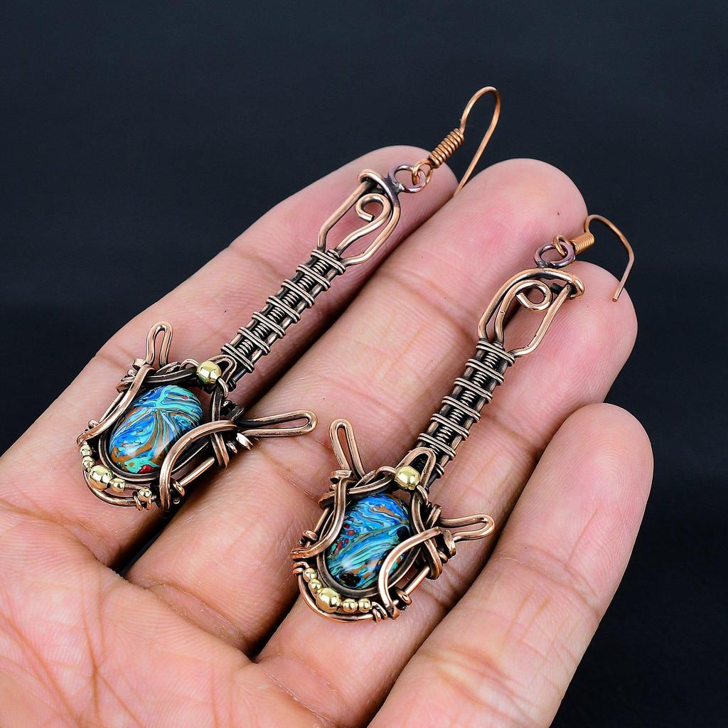 Rainbow Calsilika 999 Copper Wire Wrapped Earrings, Handmade Gemstone Jewelry Earrings For Memorial Day