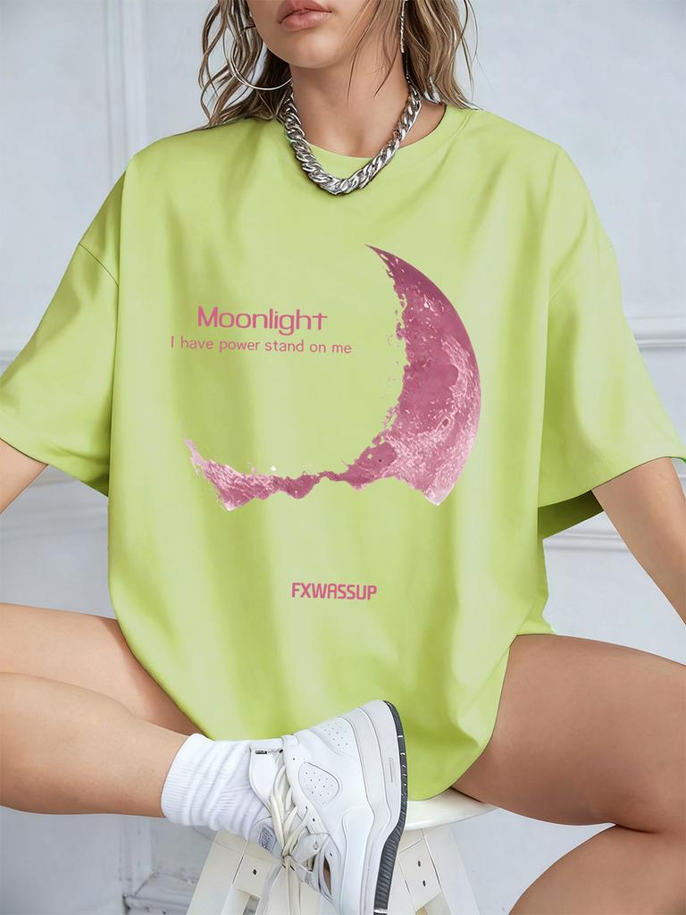 Plus Beautiful Moonlight Prints T-Shirts Womens Summer Cotton Short Sleeve T Shirt O-Neck Comfortable Loose Tops Casual Clothes