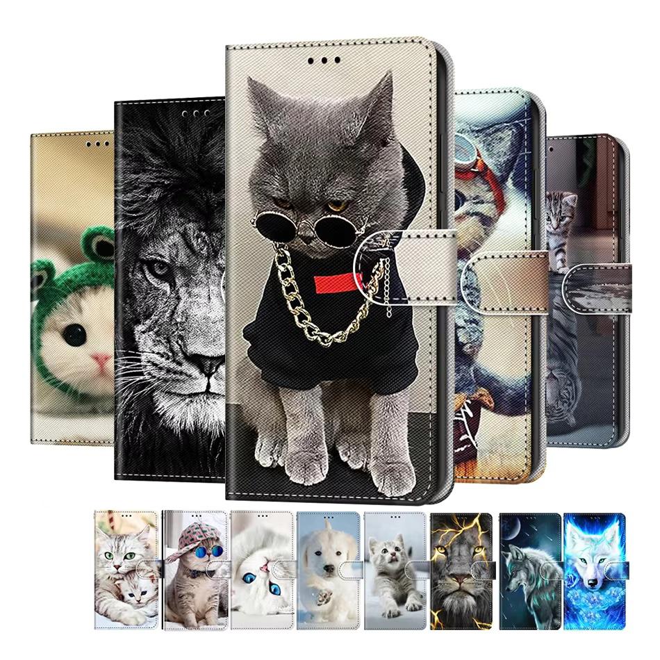 Lovely Cat Wolf Pattern Wallet Flip Cases For iPhone 15 Pro Max 14 Plus 13 12 11 Pro Max Card Holder Stand Phone Book Cover