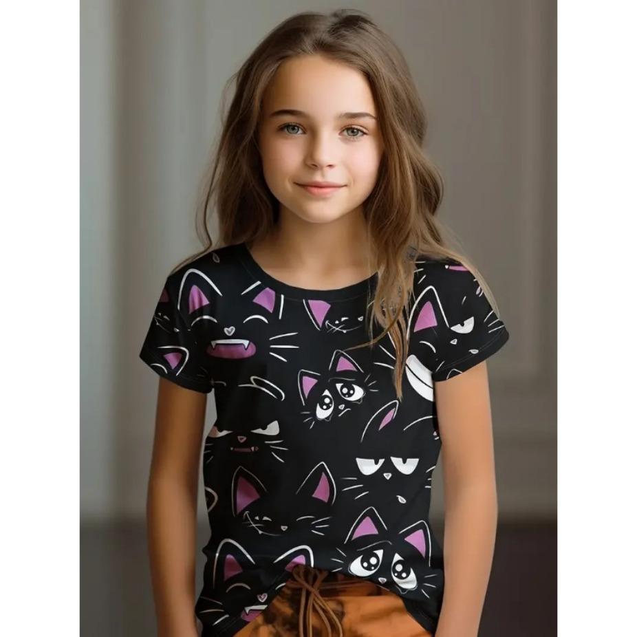 Kids Clothes Children's T-Shirt Girl Short Sleeve Top Cartoon Cat Girls Summer Clothes Child T-Shirt  Children's Clothing