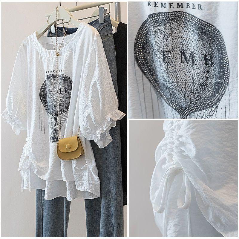 Large size ice silk hot diamond drawstring bud sleeve t-shirt women's, summer new loose and thin fashion short-sleeved top