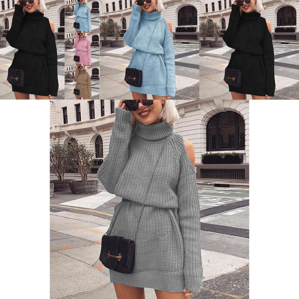 Premium Qualität Herbst Und Winter Mittellang Hoher Kragen Schulterfrei Pulloverkleid Minikleid Für Mühelosen Stil