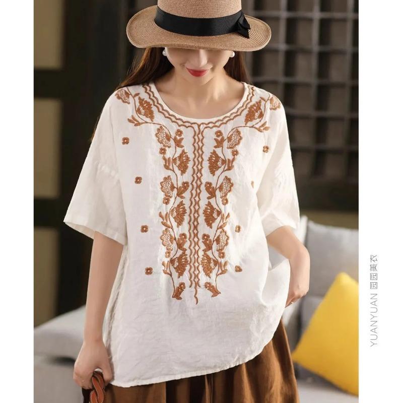 

Хлопково-льняная футболка с вышивкой, свободная, литературный ретро-стиль, круглый вырез, короткий рукав, вышитая, универсальная, летняя, новая M белый