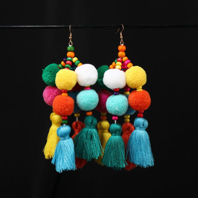 Niche personality color pom-pom earrings women's retro exaggerated bohemian vacation long fringed earrings
