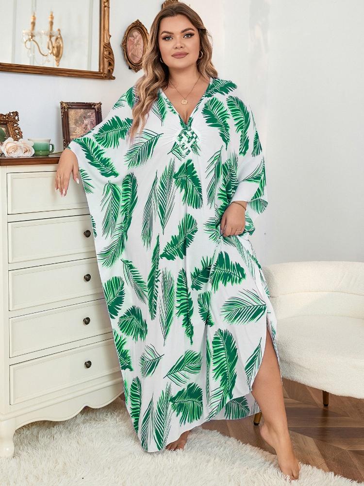 EDOLYNSA Женское длинное платье-кафтан большого размера с зеленым принтом — фото 5