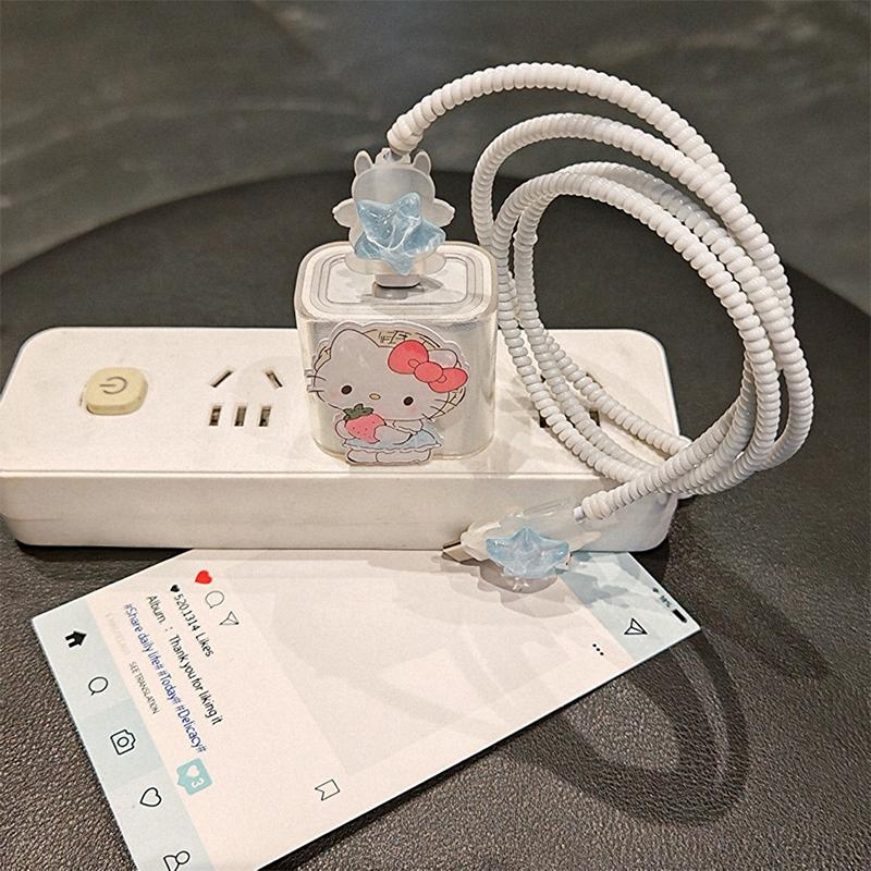 Leopard Print Hello Kitty Data Cable Protective Sleeve For Iphone 17 16 15 18/20W Charger Head Protector Cover Anti-Break Rope