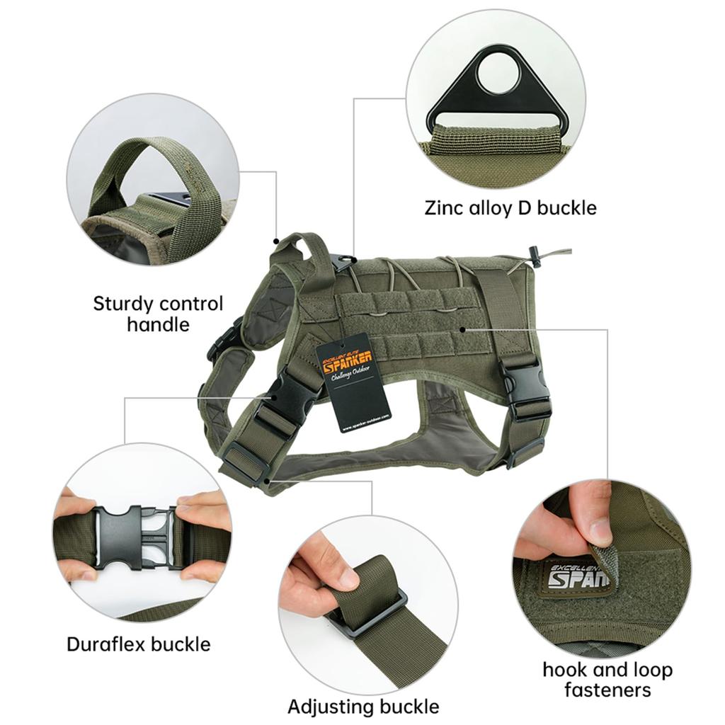 EXCELLENT ELITE SPANKER Nylon Dog Military for Training and for Medium and Large Dogs Green Size Harness, Style, Walking, Anti-Pulling, Adjustable,