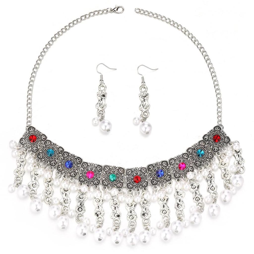 Bohemian Pearl Tassel Necklace & Earring Set in Ethnic Southeast Asian Style