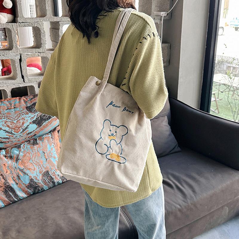 Women Corduroy Shoulder Bags Bear Pattern Ladies Casual Handbag Reusable Large Capacity Tote Bags Casual Female Shopping Bags