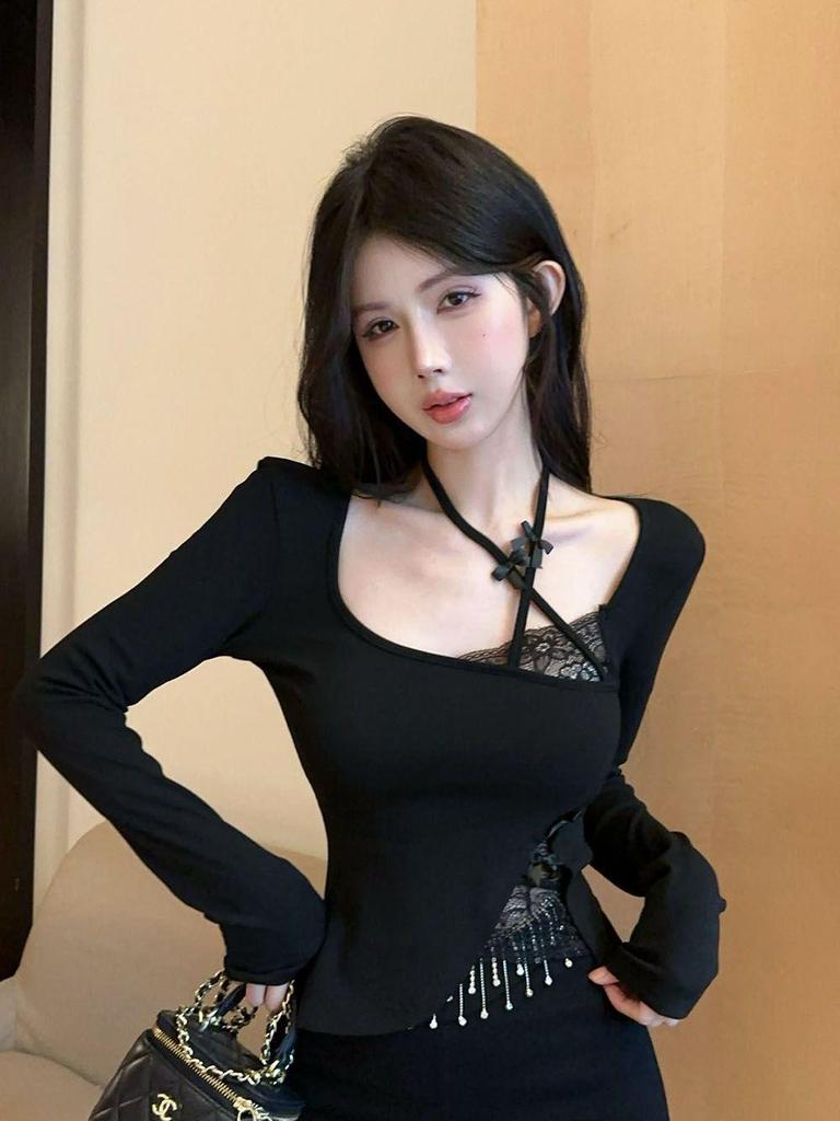 2025 Pure Desire Black Lace Halterneck Slim-fit Long-sleeve Women's Top