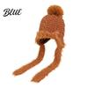 Cozy Autumn Winter Hat Women Knitted Earflap Hat Fuzzy Trim Pompom Soft Warm Stylish Travel Cap Knit for Outdoor Cycling Cold Weather Daily