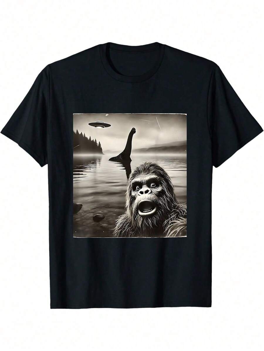 Селфи Большого Фута с Монстром из Лох-Несса и Инопланетянами с НЛО, Графическая Футболка, Унисекс Графические Футболки S