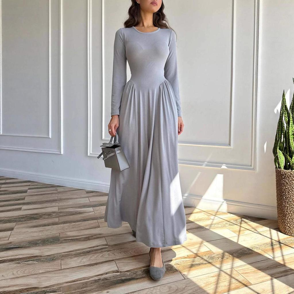 2025 Raffiniertes Damen Langarm Schlankheitskleid mit Rundhalsausschnitt für Frühling und Herbst.