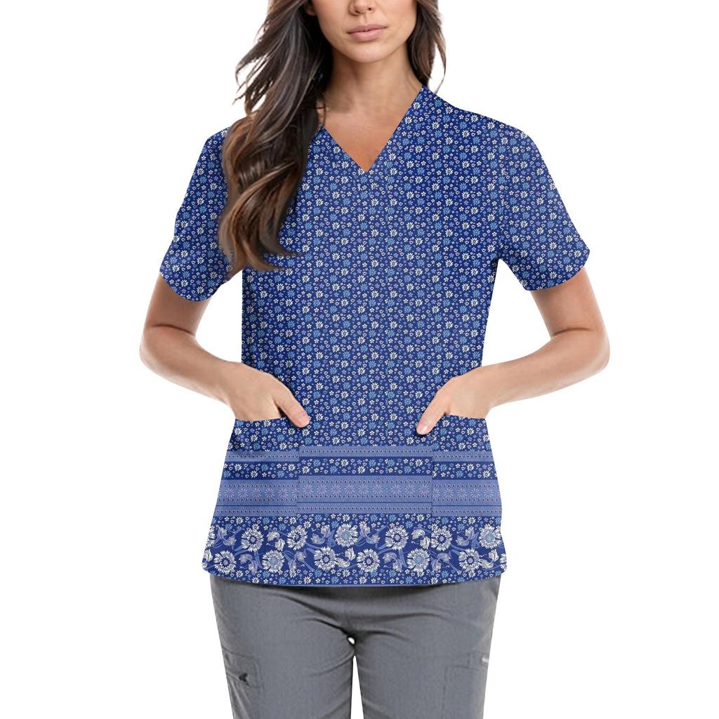 Women's Cute Printed Work Clothes V-neck Double Layer Pockets Basic Short Sleeve Top Pullover Valentines