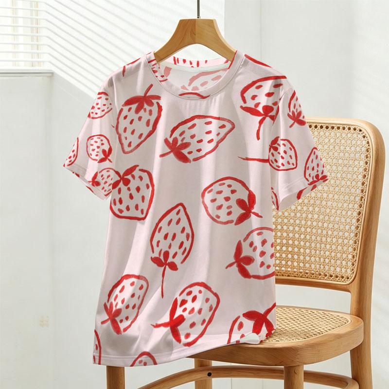 Women's Short Sleeve T-Shirt American Basic Style Strawberry Print, Soft, Versatile for Daily Casual & Outings