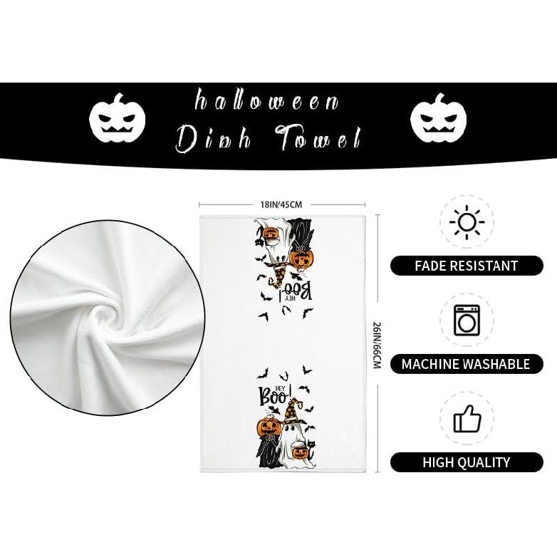 ARKENY Pumpkin Ghost Halloween Kitchen Towels Set of 2,Black Bat Boo Dish Towels 18x26 Inch,Farmhouse Home Indoor Vintage Party Decoration AD394