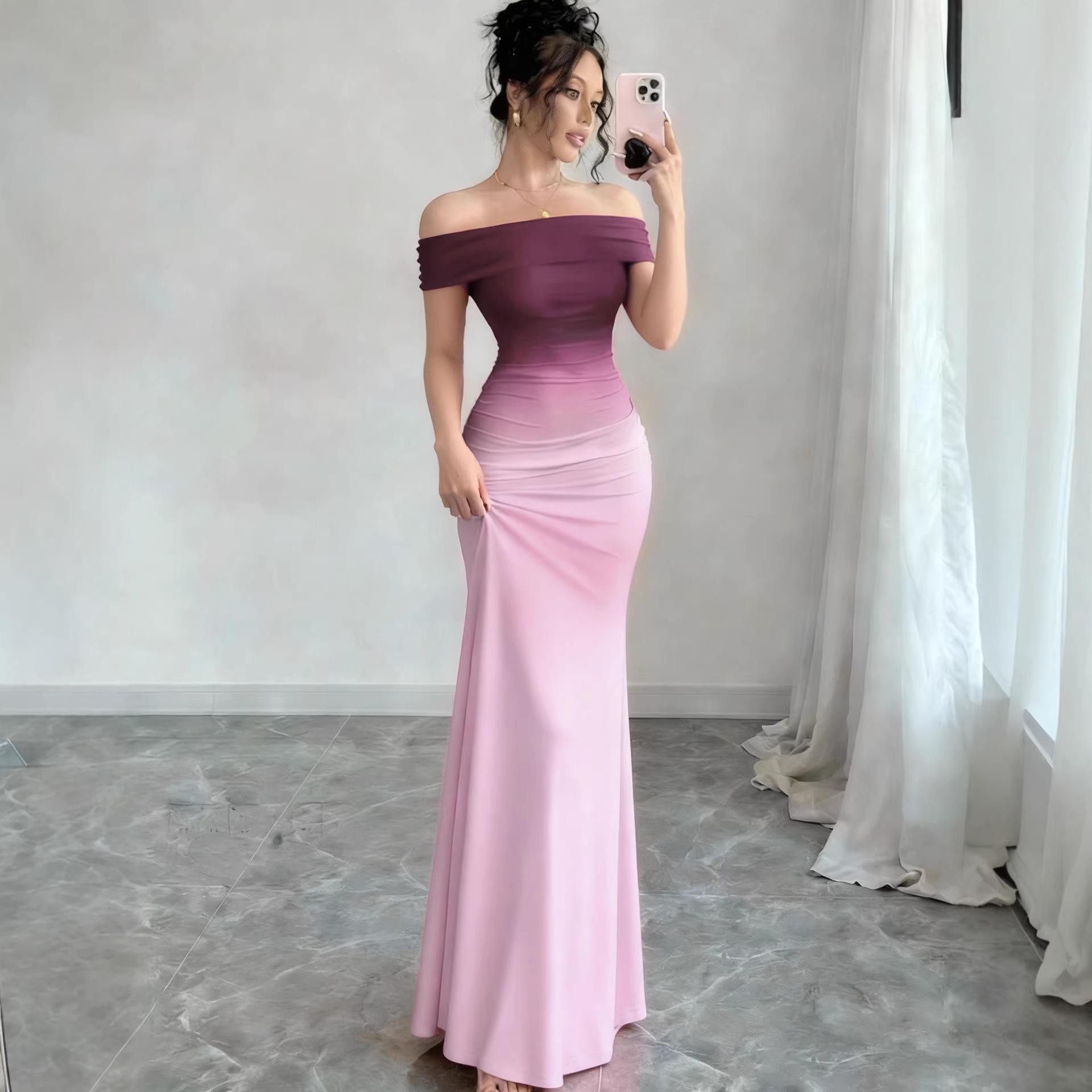 2026 Gradient One-Shoulder Bodycon Long Dress - Women s Fashion Short Sleeve Style S темно-красного
