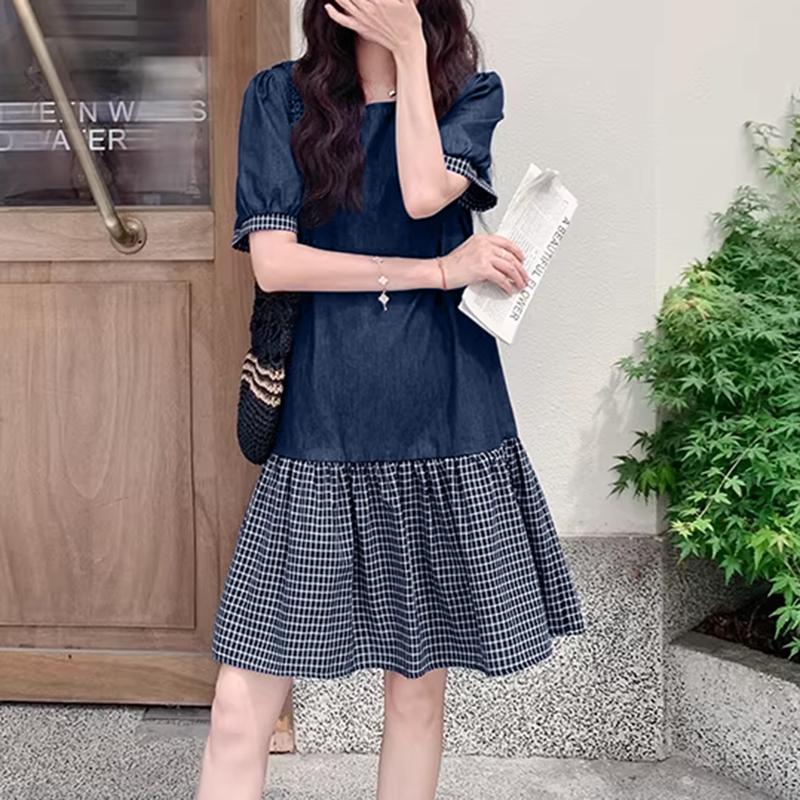 

ZANZEA Women Casual Round Neck Short Sleeve Plaid Print Splice Loose Dress темно-синий