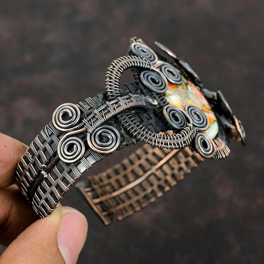 Spiny Oyster Copper Turquoise Bangle Copper Wire Wrapped Cuff Bracelet Handmade Adjustable Bangle Gemstone Copper Wire Jewelry Gift For Mom