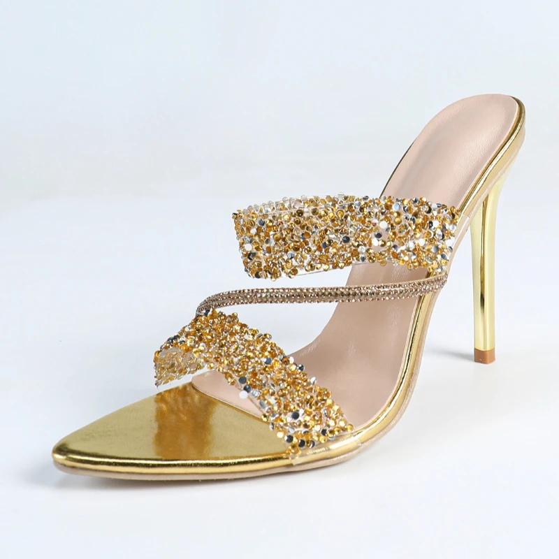 

Luxury Rhinestone Gold Pointed Toe Heeled Shoes Woman Sexy Open Toe Narrow Band Designer Brand Pumps Banquet Party Slide Sandals 42