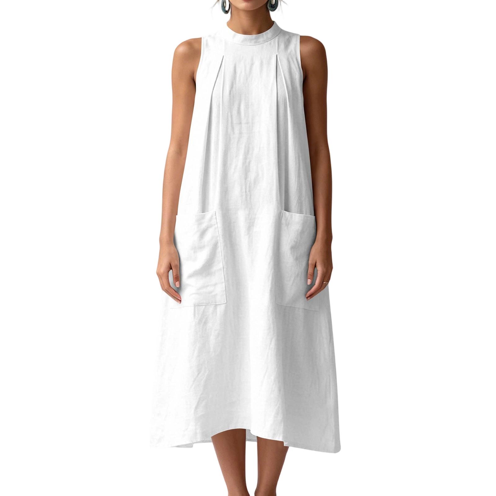 

Women’s Sleeveless Stand Collar Loose Fit Vintage Cotton Linen Dress With Large Front Pockets For Summer Casual Wear S белый