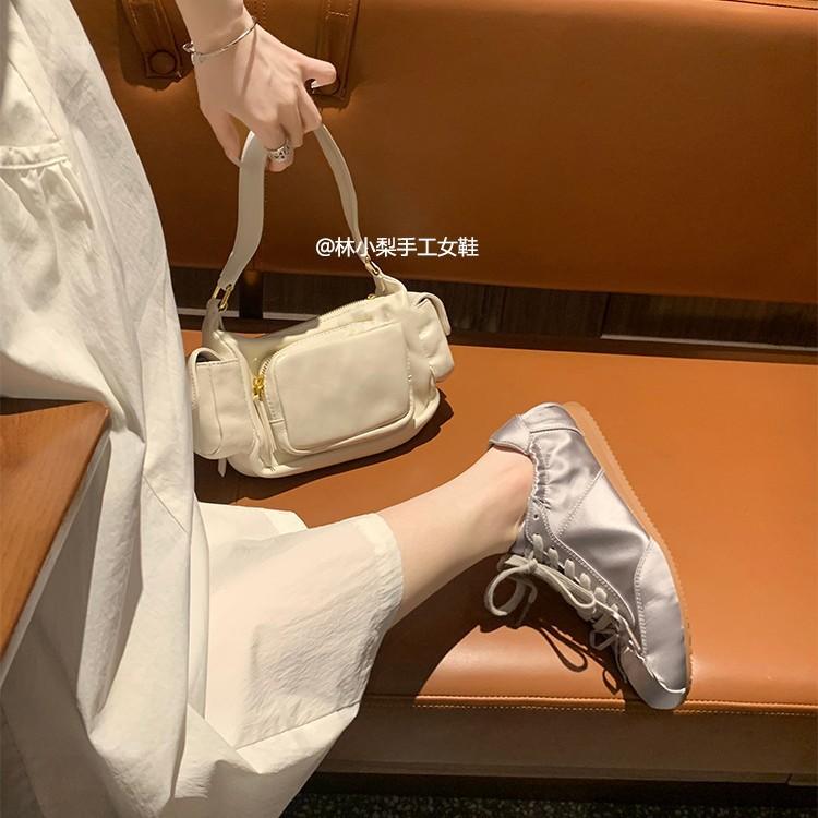 Sheepskin Version Ballet Style Sweet Sister Round Head Satin Sneakers Women's Bow Casual Shoes New German Training Shoes Single Shoes