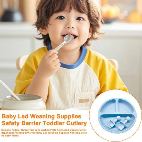 Silicone Toddler Cutlery Set with Suction Plate Forks And Spoons for Independent Feeding BPA Free Baby Led Weaning Supplies