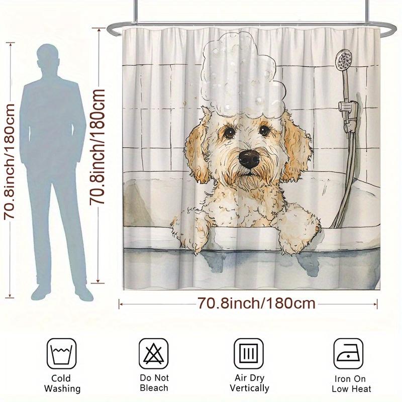 Curly-Haired Dog Shower Curtain - Watercolor Design, Washable Polyester, 12 Hooks, 70.8X70.8 Inches, Easy Installation
