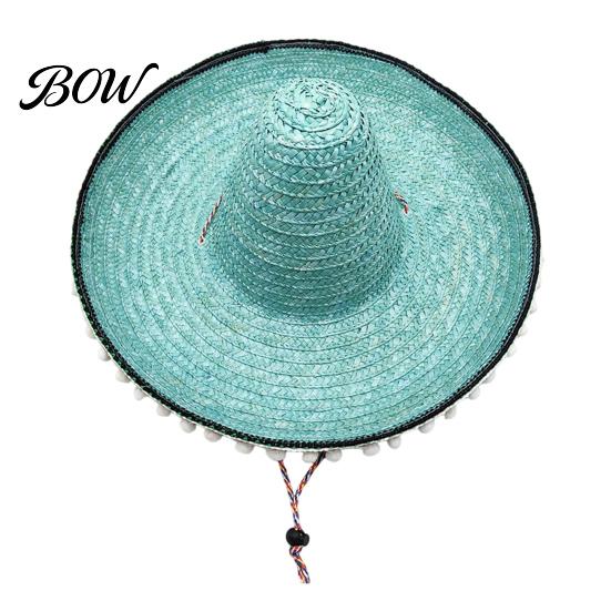 Theme Party Hat Mexican Sombrero with Colorful Poms, Hawaiian Style Woven Straw Sun Hat, Wide Brim Lightweight Costume for Summer Beach