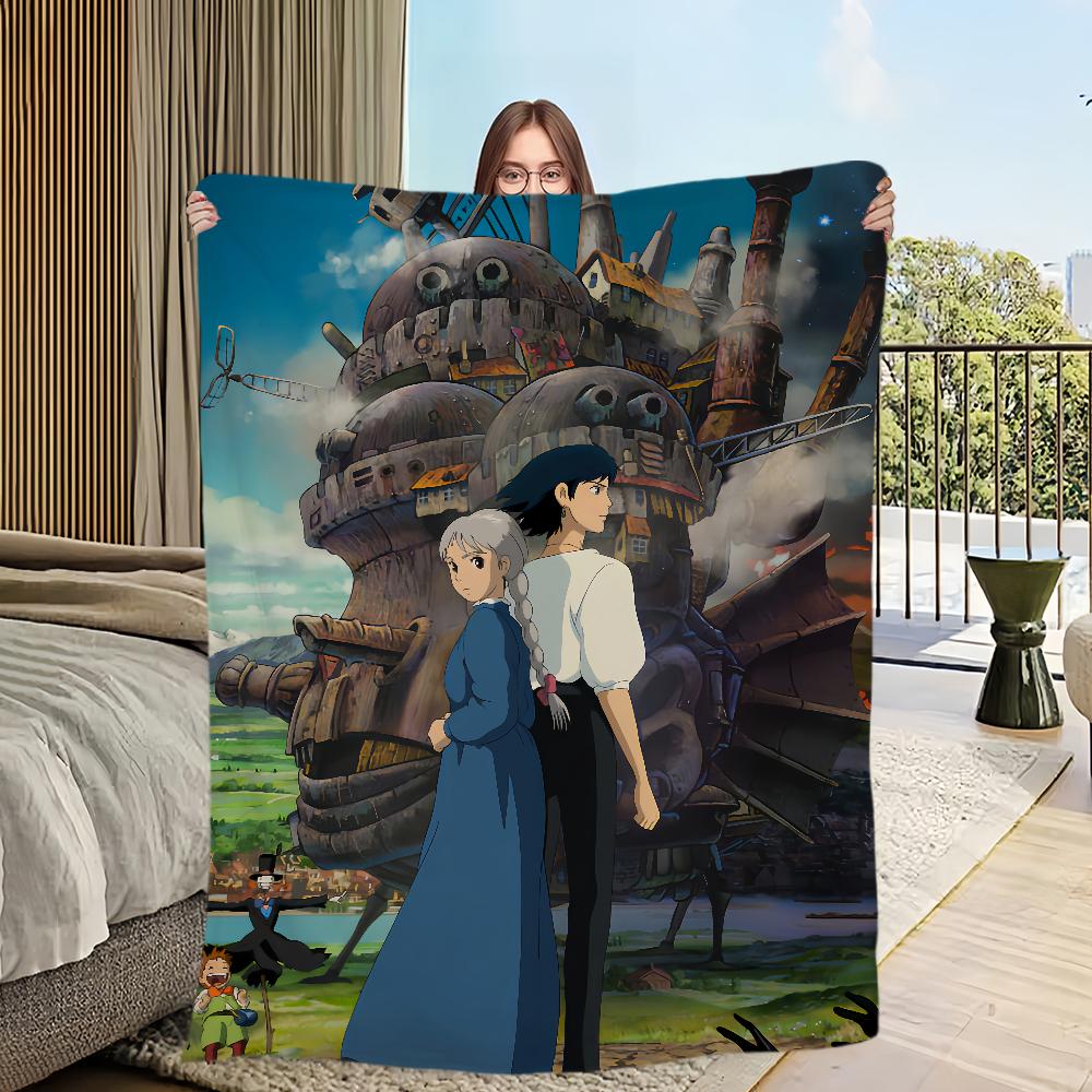 Anime film comfort warm soft plush blanket for sofa living room h-Howl's office bedroom travel Flannel gift m-Moving c-Castle