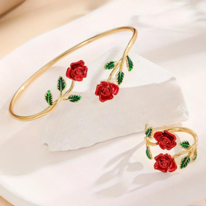 

New Fashion Rose Flower Open Bracelet Ring Ladies Personalized Zircon Set Daily Versatile Holiday Party Accessories Gift
