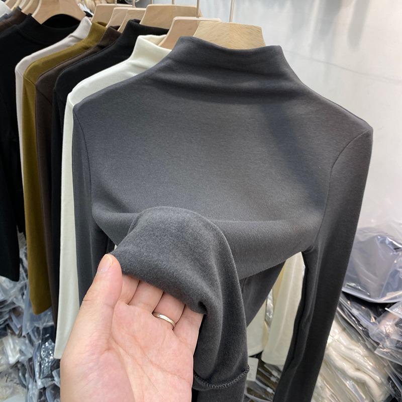 Autumn Half High Collar Slim Fit Plush Base Casual T-shirt Women Winter Long Sleeve Solid Velvet Women's T Shirt Elegant Retro Warm Lady Tee Top 25573