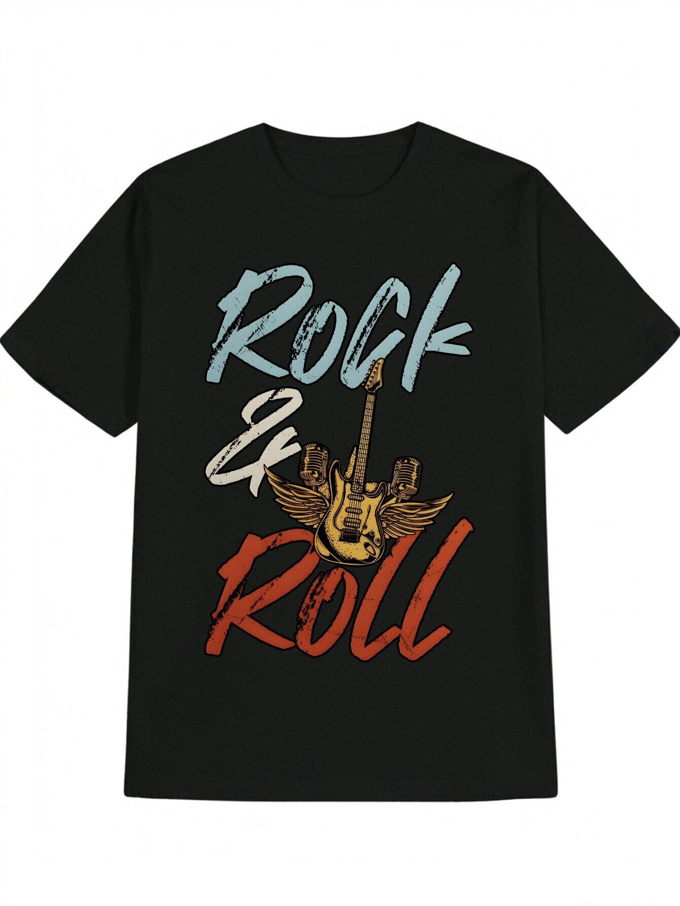 Everyday Comfort] Casual Crew Neck T-shirt with Vintage Rock Band  ROCK N  ROLL  Print - Black Polyester XXXL