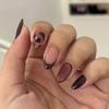 24PCS Almond Brown Smudge Press On Nails with Glue Retro Flowers Autumn French Fake Nails for Women Wearable Simple False Nails
