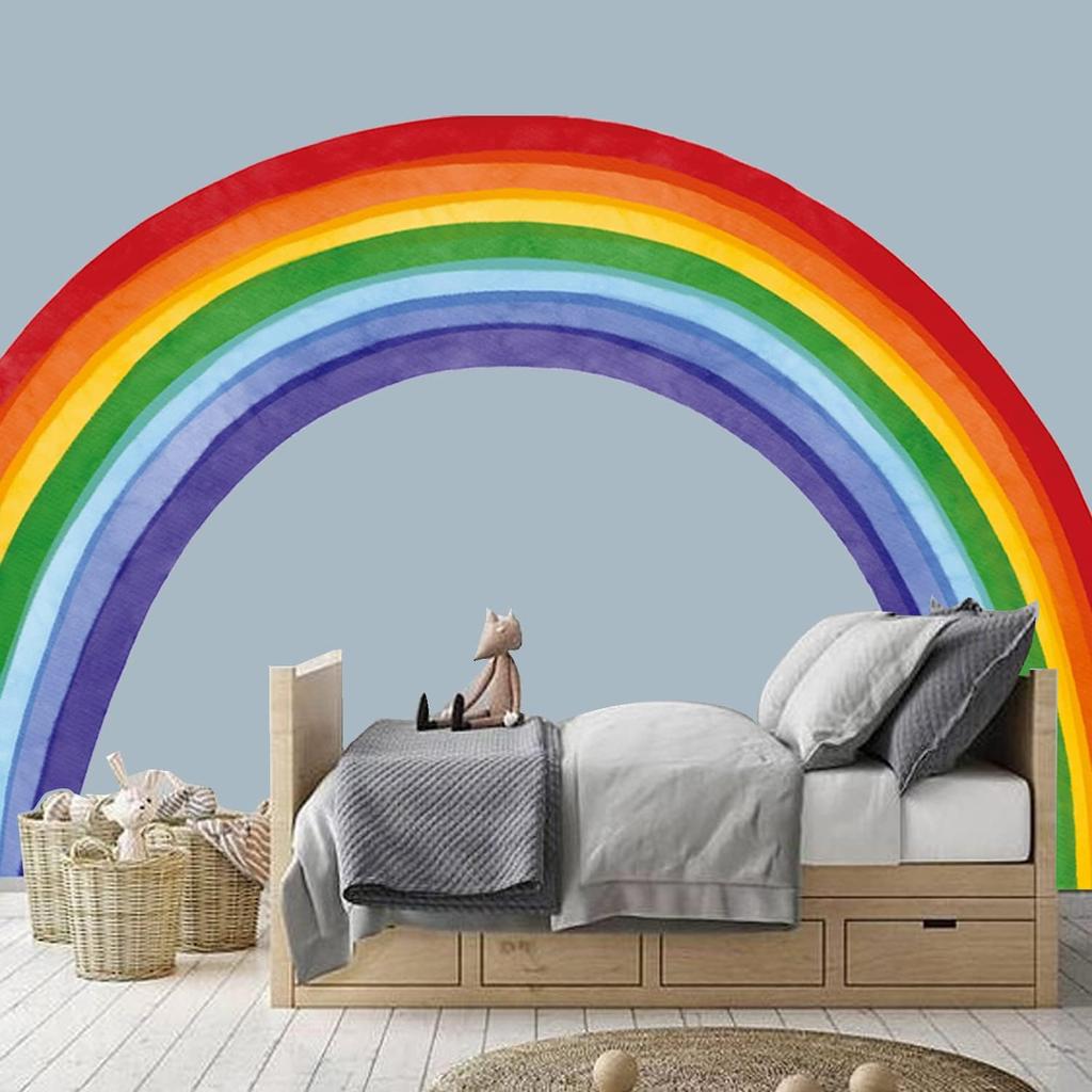 Fabric Large Rainbow Wall Decals Peel and Stick, Precut Original Hand Drawn Colorful Vigor Watercolor Full Rainbow Wall Sticker Decor for Kids