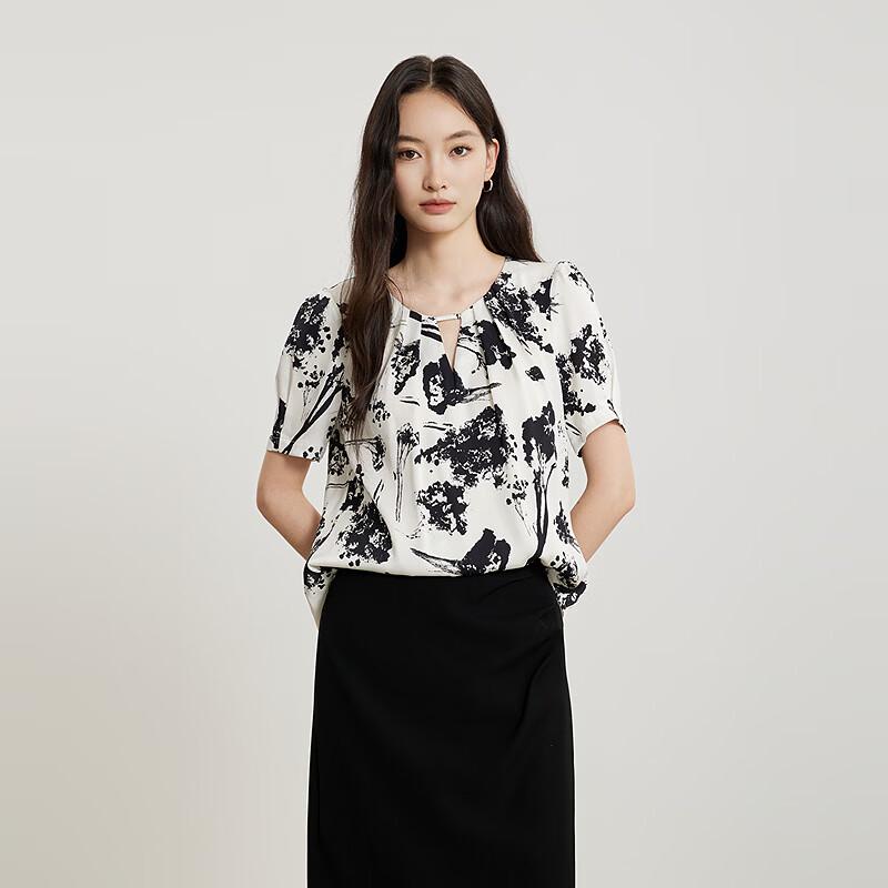 Elegant Floral Silk Blend Short Sleeve Blouse L