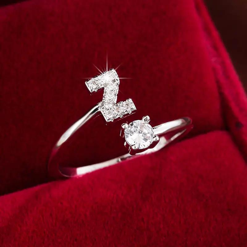 26 English Letter Micro-set Zircon Fashion Women's Ring, Copper-plated 14K Open Plain Ring