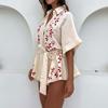 Women's Fashionable Casual Loose And Comfortable Tie Waist Open Collar Five Quarter Sleeve Jumpsuit