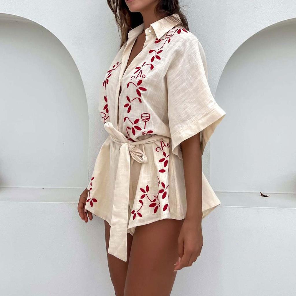 Women's Fashionable Casual Loose And Comfortable Tie Waist Open Collar Five Quarter Sleeve Jumpsuit