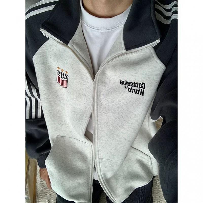 Mens Retro Varsity Jacket Color Block Loose Fit Casual Streetwear
