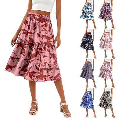 Women's Casual High Waist A-Line Skirt Polka Dot Stripe Printed Skirt With Pockets