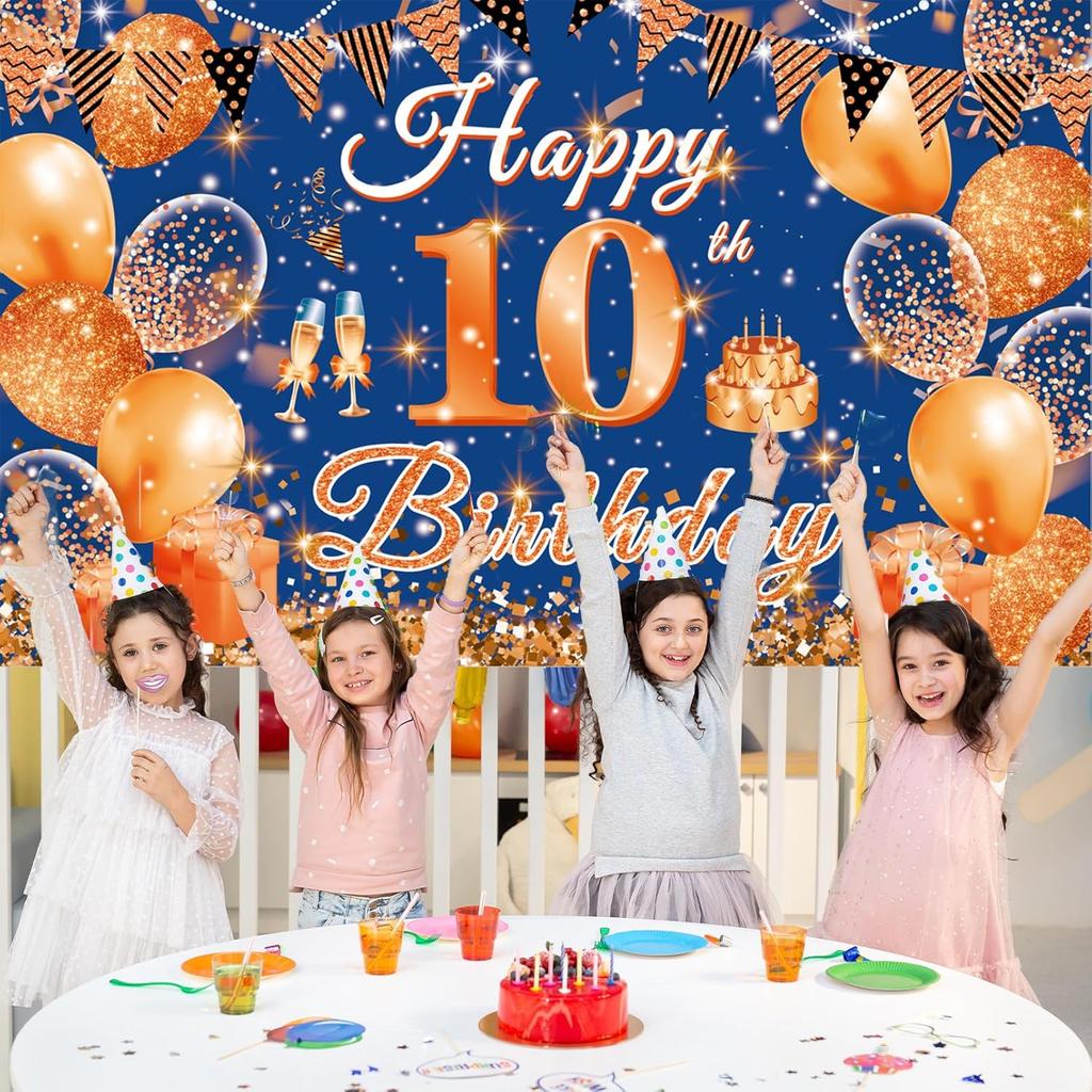Large Happy 10th Birthday Banner Blue and Orange Ten Birthday Party Decorations Blue Orange 10 Year Old Backdrop Décor Supplies for Boys Girls