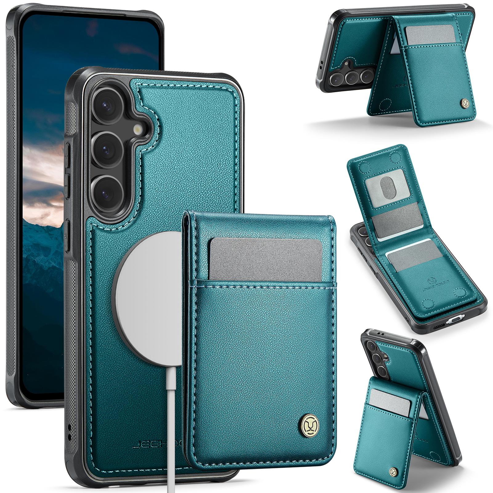 

For Samsung Galaxy S24 FE Leather Back Cover Compatible with MagSafe JEEHOOD J06 Phone Case with Card Bag RFID Blocking Blue