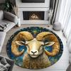 Round Flannel Rug Featuring Aries Ram Pattern Ideal For Yoga Practice And Interior Design Soft Comfortable Floor Covering